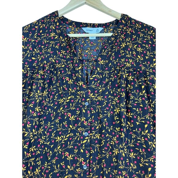 Old Navy Tunic Shirt XXL Dark Floral Gathered Sleeve Button Front Fall Print - Picture 4 of 9